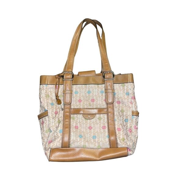 Fossil Key Per Large Tote Shoulder Bag Canvas and Leather Purse - Picture 1 of 4